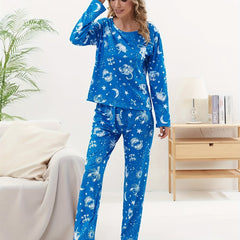 Fish Print Pajama Set Long Sleeve Top & Pants Women's Sleepwear