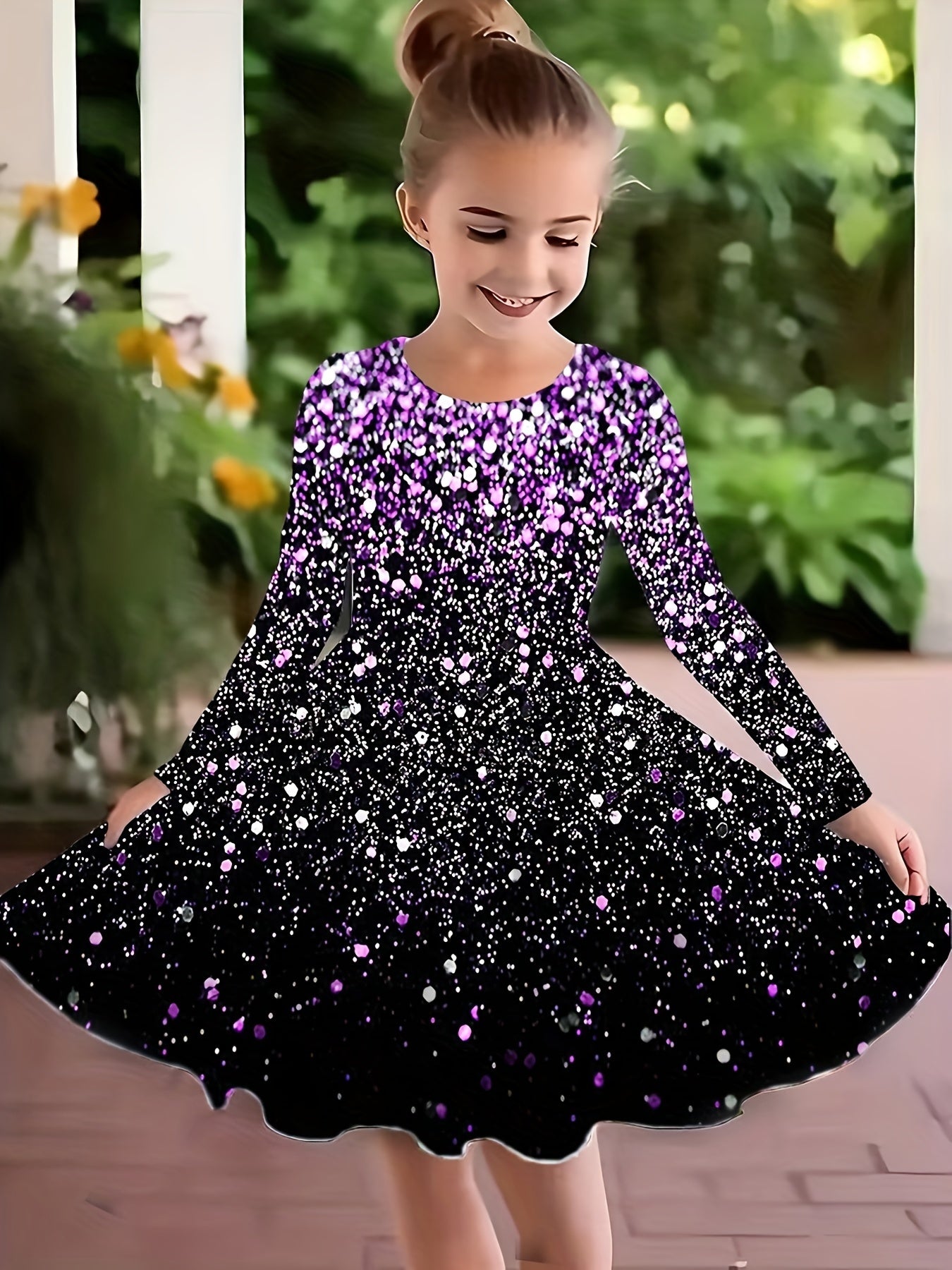 Girls Sequin Graphic Dress Long Sleeve Spring Fall Party Gift