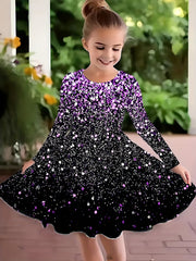 Girls Sequin Graphic Dress Long Sleeve Spring Fall Party Gift