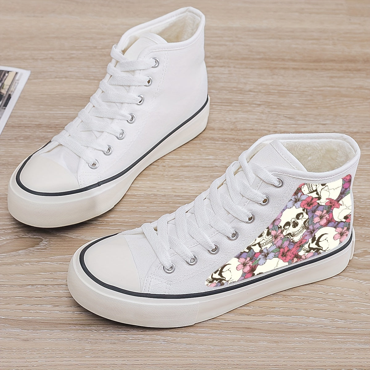Girl's High Top Skull Skate Shoes With Plush Lining