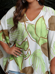 Leaf Print Bat Sleeve V Neck Top
