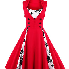 Retro Contrast Block Dress Button Sleeveless Waist Swing Dress