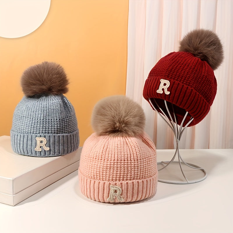 Kids Winter Knit Beanie Hat with Letter Label