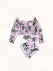 2pcs Girls Coconut Tree Graphic Swimwear Set Bathing Suit