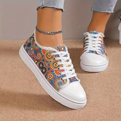 Ethnic Print Raw Trim Flat Skate Shoes Canvas Sneakers