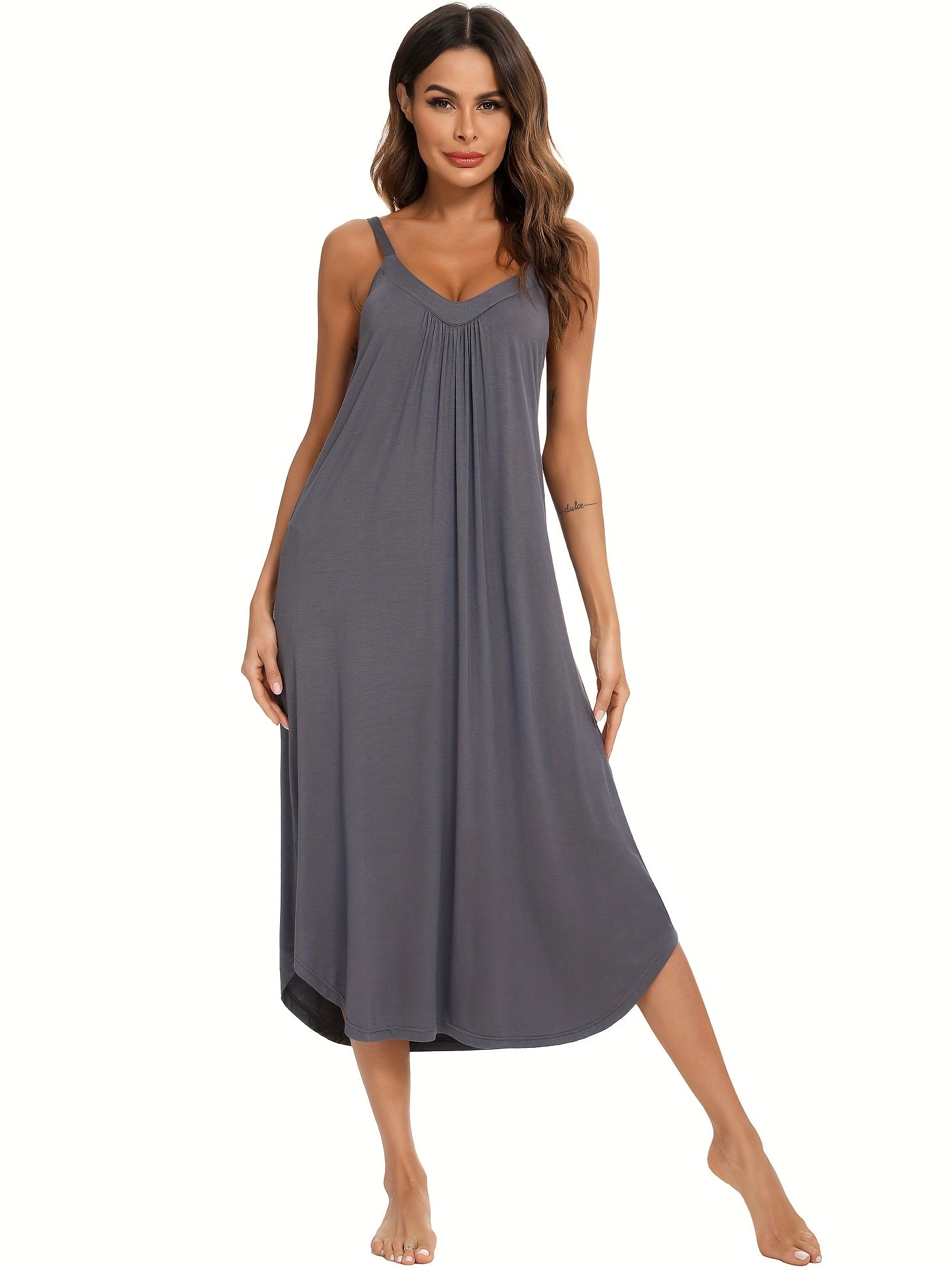 Solid Pleats Cami Lounge Dress Elastic Long Dress Women's Loungewear