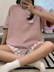 Bunny Print Pajama Set Short Sleeve Top & Striped Shorts Women's Sleepwear