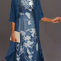 Women's Plus Solid Cardigan & Floral Print Dress 2PC Set