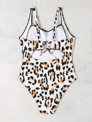Leopard Twist Front Lace Up Cut Out One Piece Swimsuit