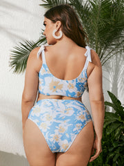 Floral Print Knot Top & Panties Swimsuit Set Plus Size