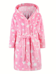Girls Star Print Hooded Bathrobe Flannel Loungewear Kids Pajamas