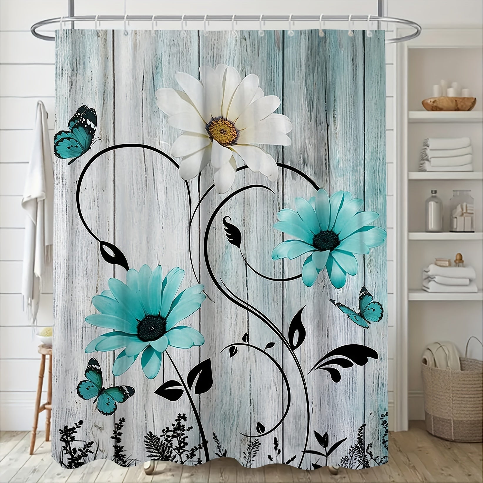 Daisy Style Bathroom Shower Curtain Set with 12 Hooks