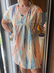 Striped Print Dress Casual V Neck Short Sleeve Dress