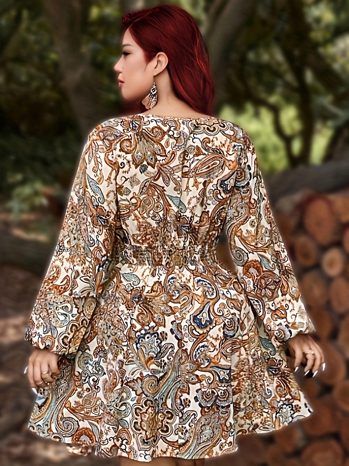 Plus Size Boho Paisley Print Round Neck Dress