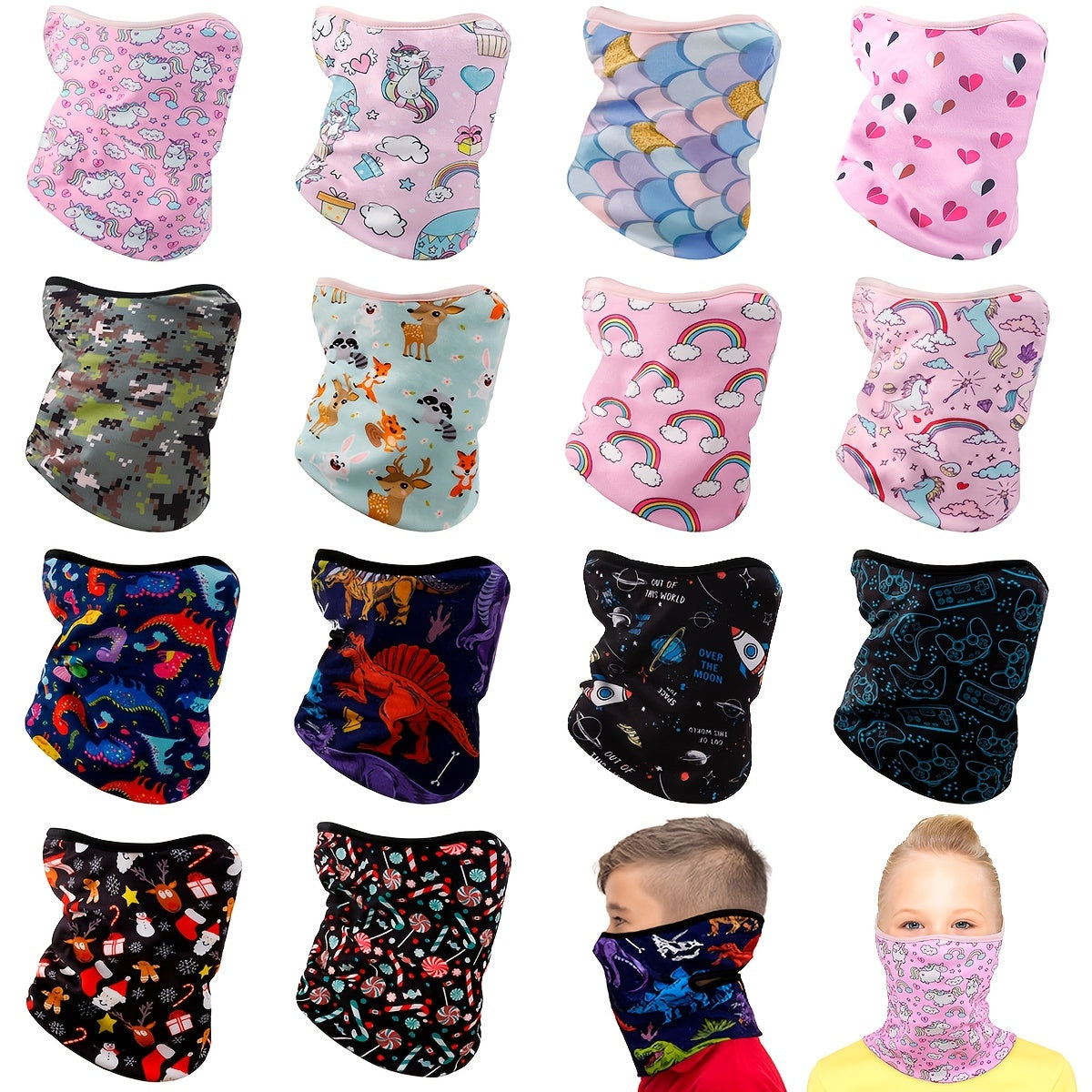 Kids Rainbow Mermaid Unicorn Lollipop Fox Print Fleece Neck Gaiter Balaclava