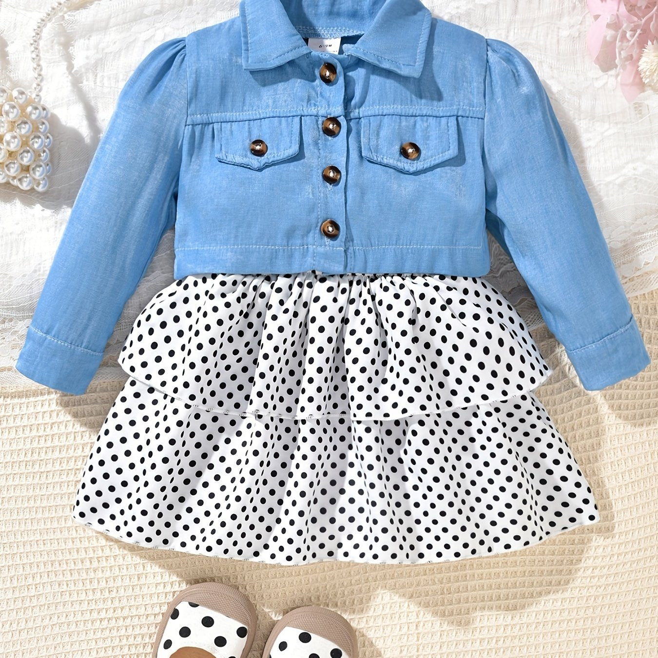 Baby Girls Denim Shirt Cardigan Polka Dot Dress Set