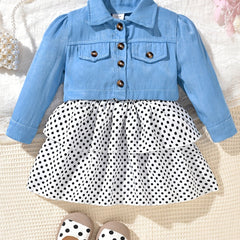 Baby Girls Denim Shirt Cardigan Polka Dot Dress Set