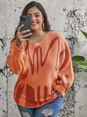 Graphic Print Off Shoulder Sweater Women's Plus Lantern Sleeve Knitwea
