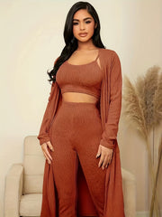 Ribbed Pajama Set Long Sleeve Robe & Cami Top & Pants