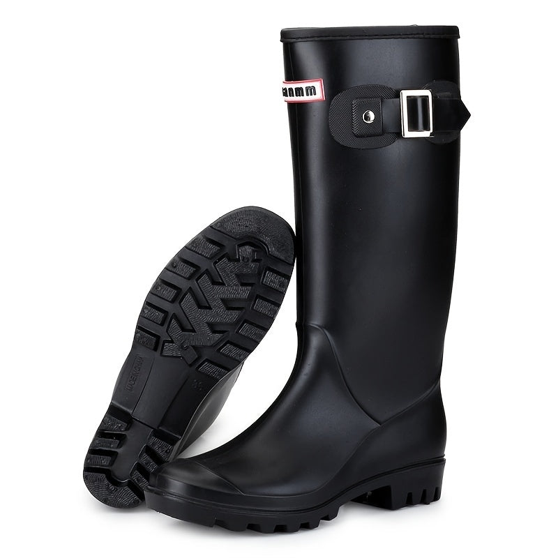 Women's Block Heel Long Rain Boots Buckle Strap Slip On Waterproof Shoes