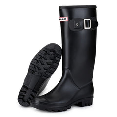 Women's Block Heel Long Rain Boots Buckle Strap Slip On Waterproof Shoes