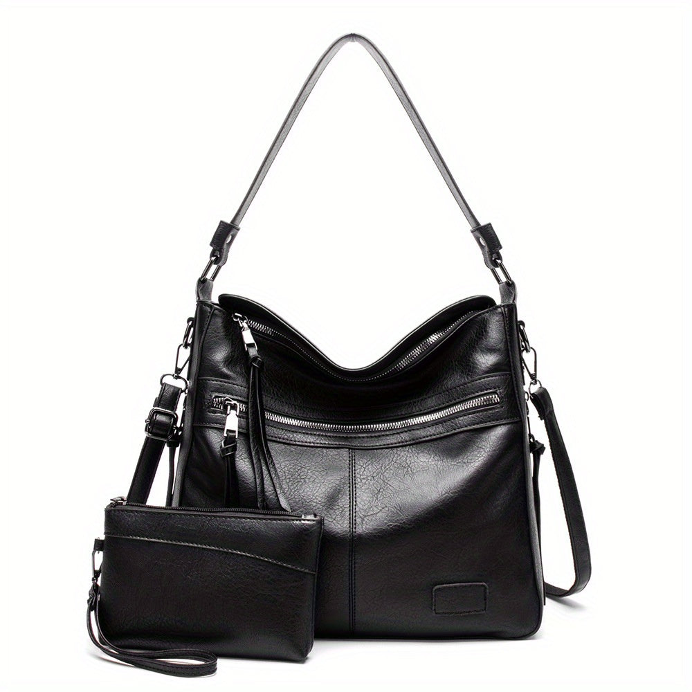 2pcs Large Capacity Tote Bag Set PU Leather Shoulder Wristlet Purse