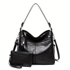 2pcs Large Capacity Tote Bag Set PU Leather Shoulder Wristlet Purse