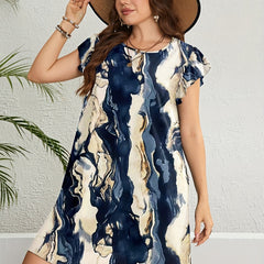 Marble Print Cap Sleeve Ruffle Trim Plus Size Casual Dress