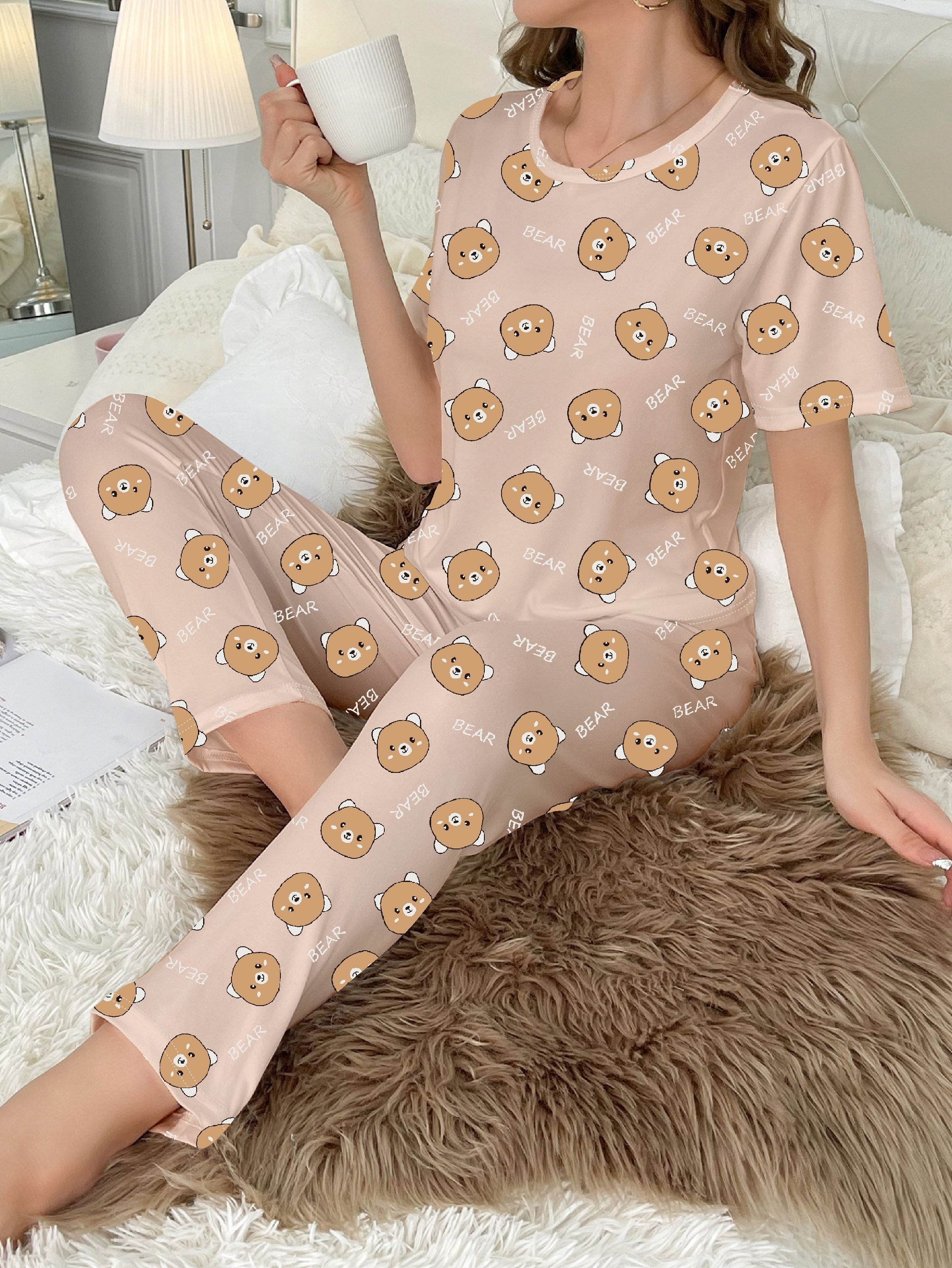 Bear Print Pajama Set Short Sleeve Top & Pants