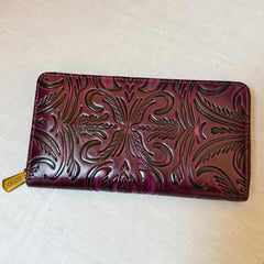 Floral Embossed Leather Clutch Zipper Closure Purple Coffee Brown