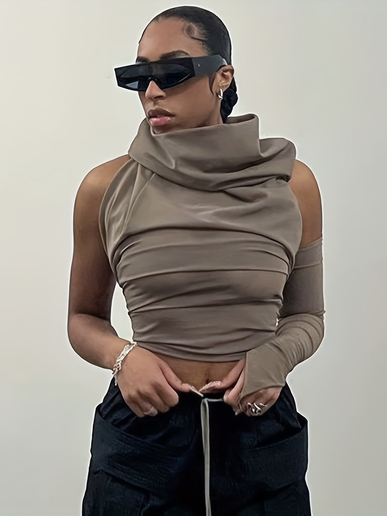 Ruched Crop Hoodie Halter Neck Backless Solid Hoodie
