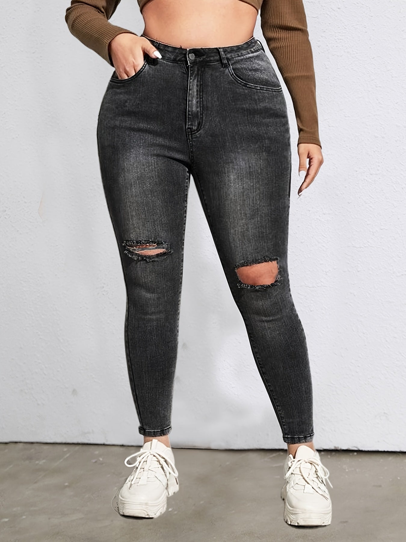Solid Washed Ripped Button Up Skinny Jeans Plus Size