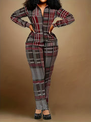 Plaid Print 2 Piece Set Zipper Top & Pants