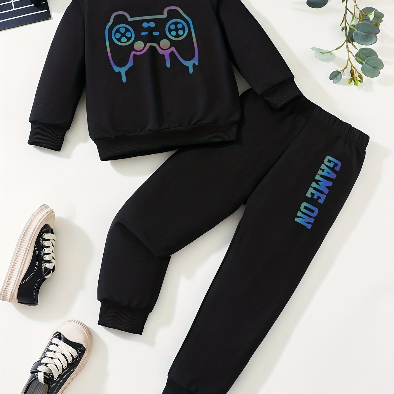 Boys' Gamepad Graphic Sweatshirt & Pants Set Spring Fall Outfit