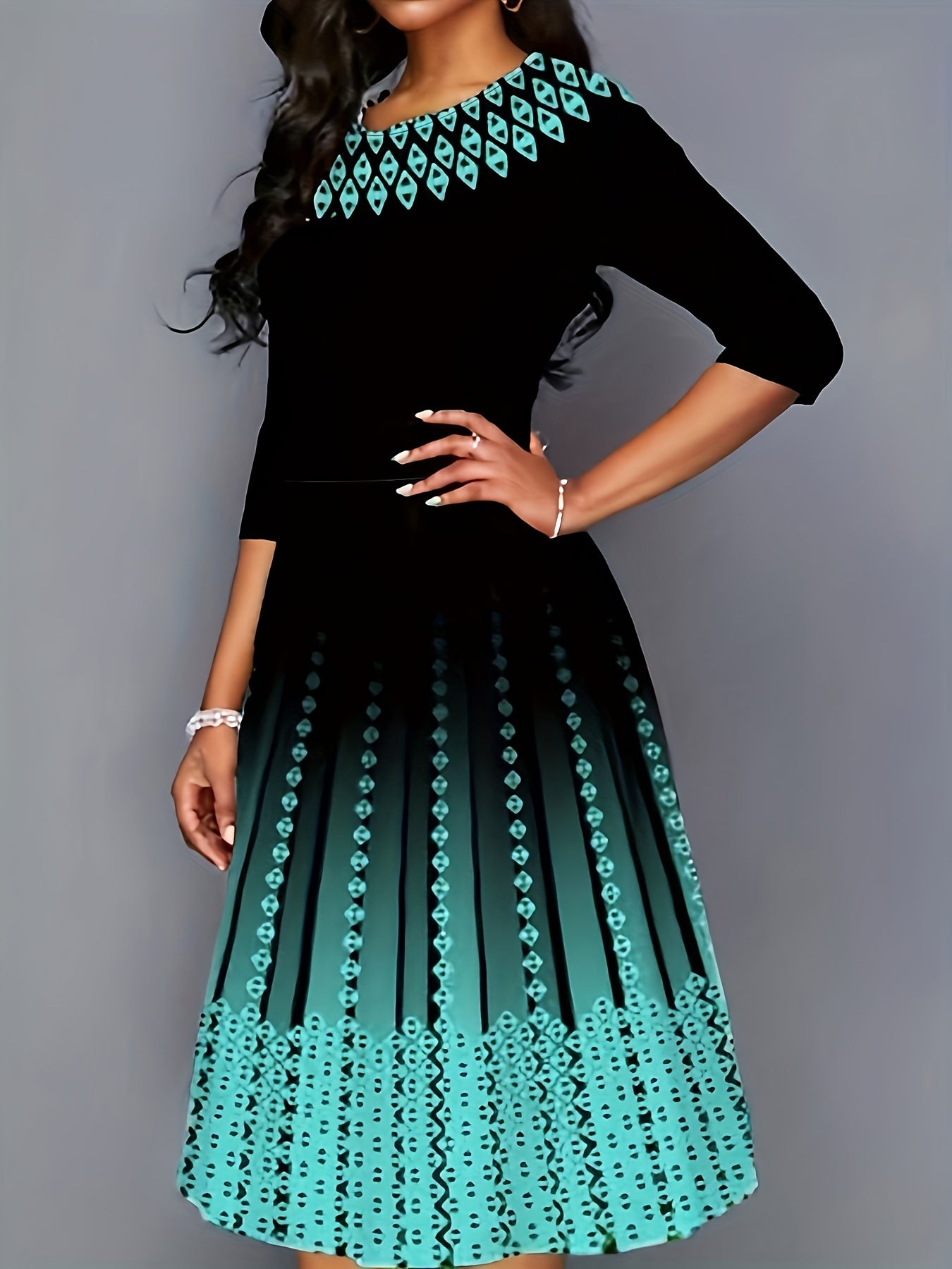 Geometric Print Half Sleeve Round Neck Dress