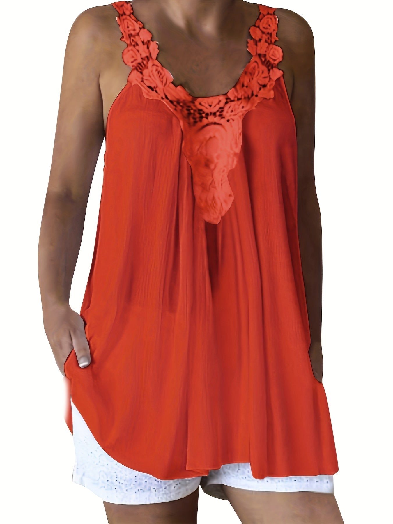 Floral Lace Stitching Tank Top Crew Neck Summer Sleeveless