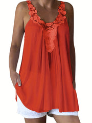 Floral Lace Stitching Tank Top Crew Neck Summer Sleeveless