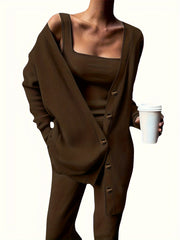 3 Piece Casual Outfit Set: Ribbed Cardigan, Tank Top & Pants