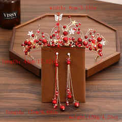 Chinese Style Red Faux Pearl Headband Earrings Set