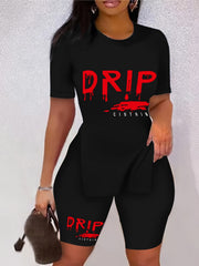 Letter Print Two piece Set Short Sleeve Casual T Shirt & Workout Shorts