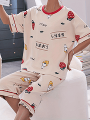 Strawberry Print Pajamas Set Short Sleeve Crew Neck Top & Crop Pants