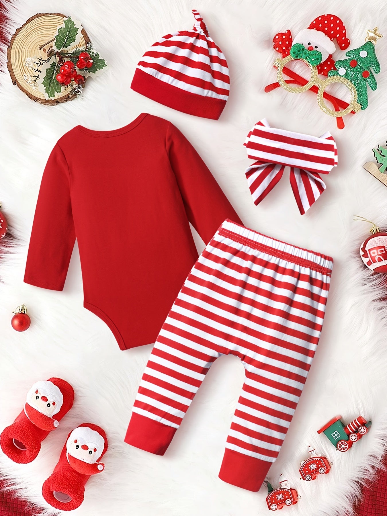 Baby Girls Christmas Outfit Long Sleeve Romper & Striped Pant Set