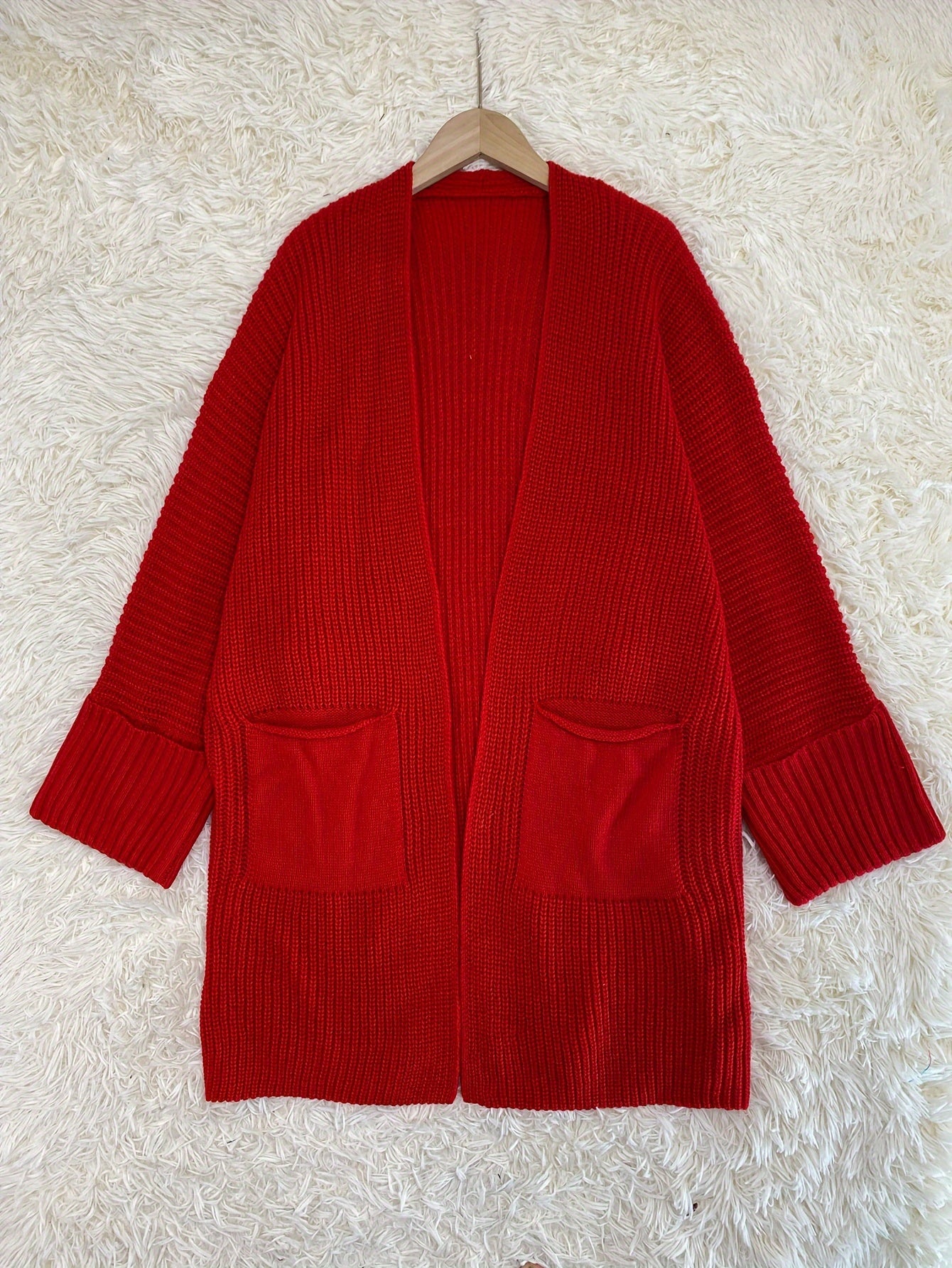 Solid Long Sleeve Open Front Cardigan With Pockets