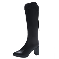 Chunky Heeled Long Boots with Back Zipper
