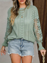 Contrast Lace Eyelet Knit Sweater Crew Neck Long Sleeve