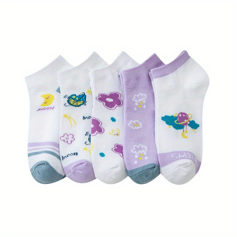 5 Pairs Floral Print Socks & Lightweight Low Cut Ankle Socks