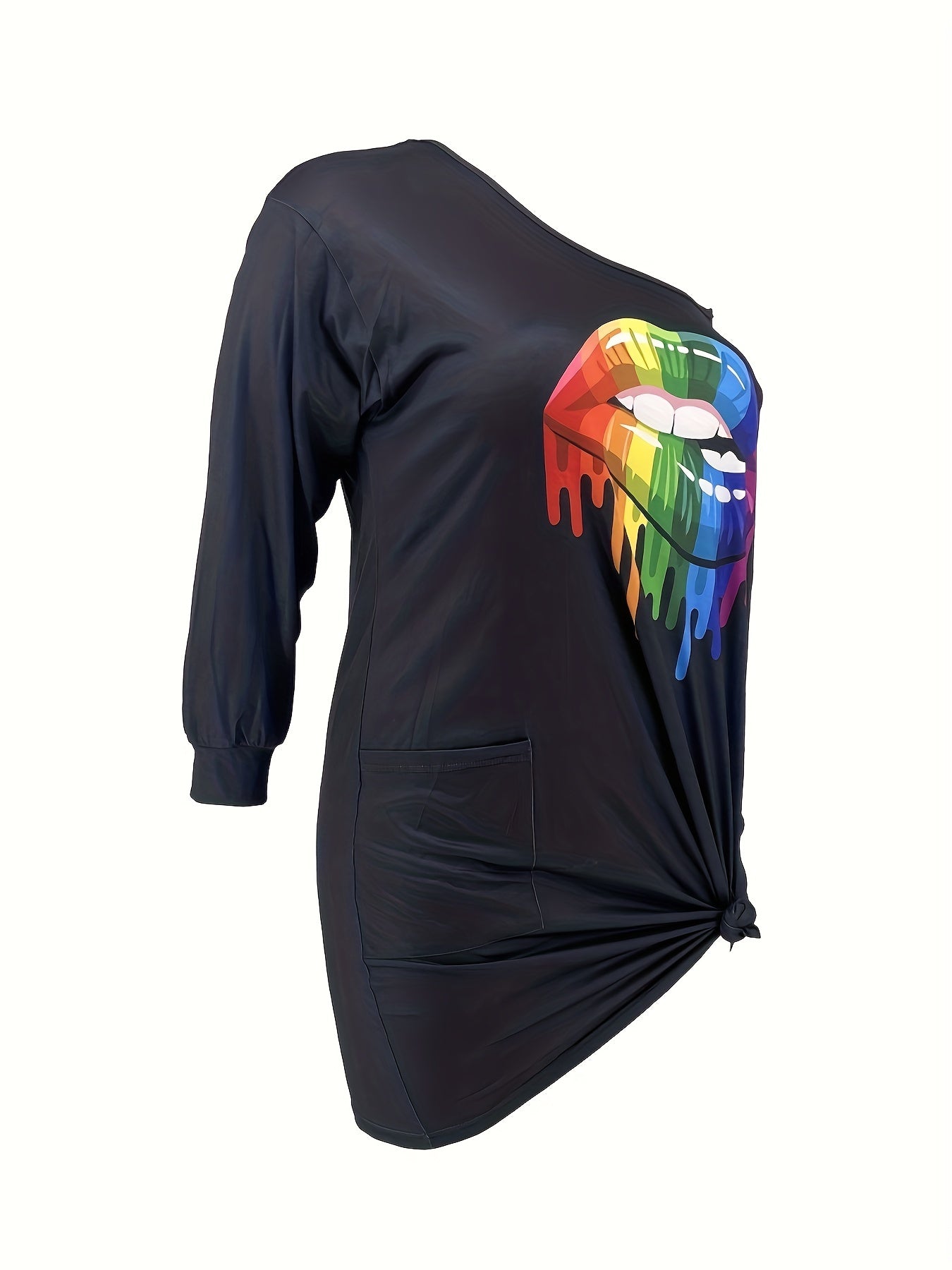 Sexy Rainbow Lip Print One Shoulder Tee