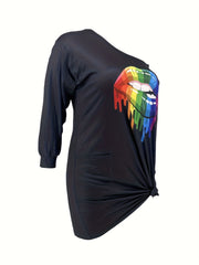 Sexy Rainbow Lip Print One Shoulder Tee
