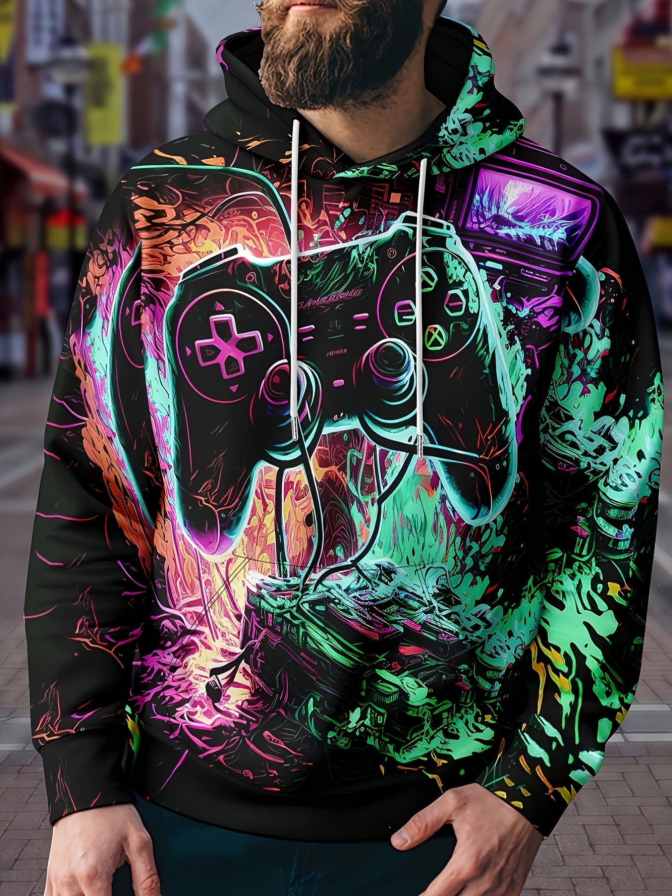 Gamepad Print Hoodie for Men Graphic Pullover with Pocket
