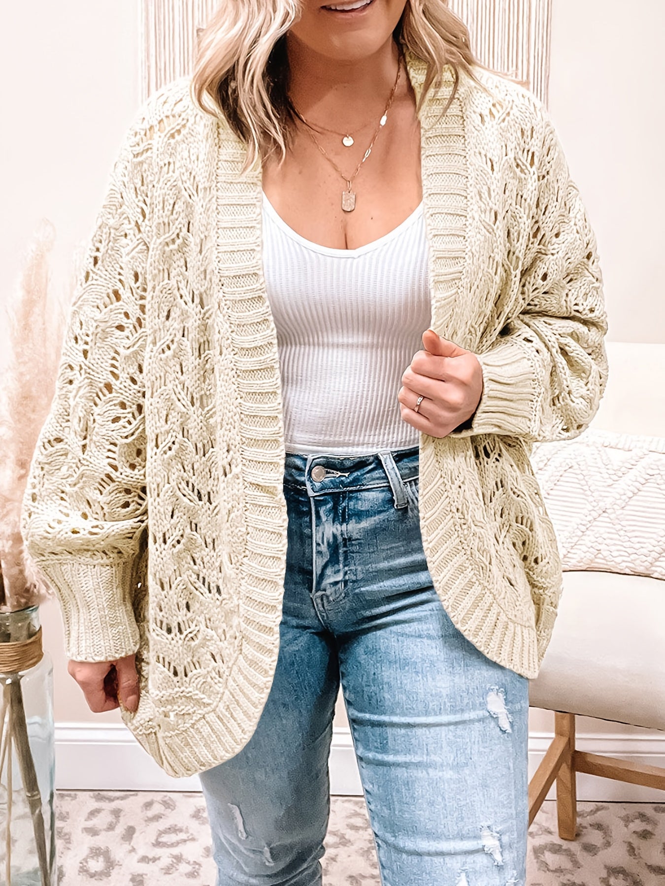 Casual Sweater Women's Plus Solid Jacquard Pointelle Long Sleeve